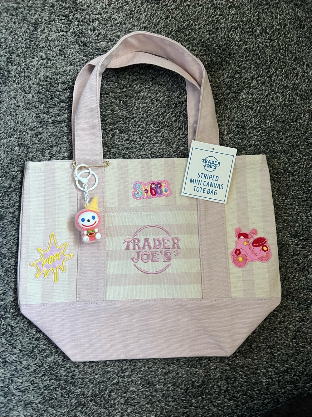 Trader Joe's Pink Striped Mini Canvas Tote Bag with Charm